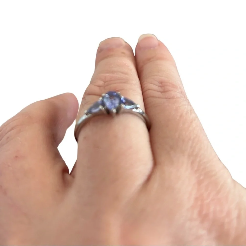 Genuine Teardrop 3 Stone Tanzanite Ring in Stainless Steel